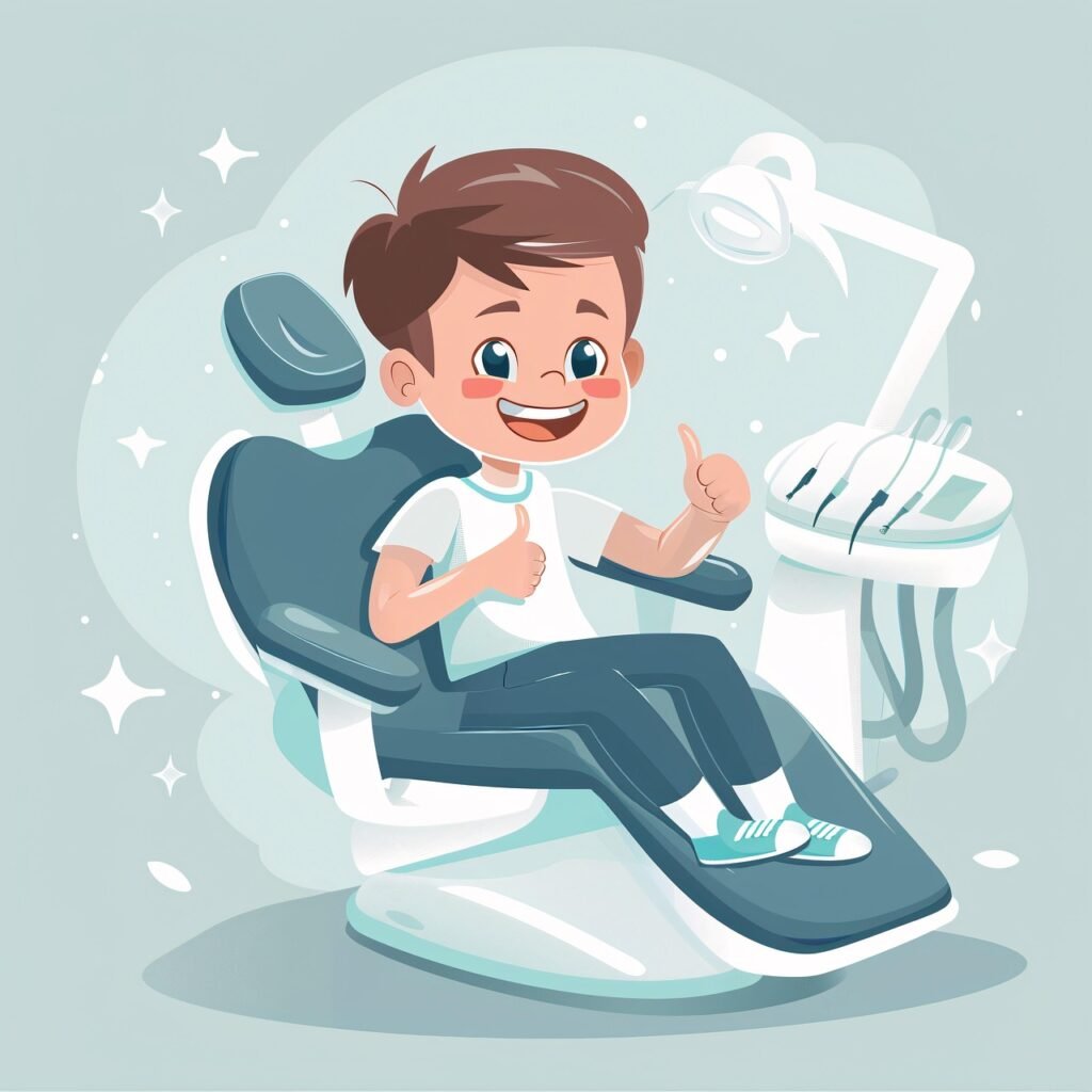 ai generated, child, dentist, chair, thumbs up, dental, cartoon, smile, happy, positive, friendly, dental visit, healthcare, colorful, minimalistic, cheerful, dental care, happy child, dentist chair, dental health, dental checkup, dentist, dental, dental, dental, dental, dental